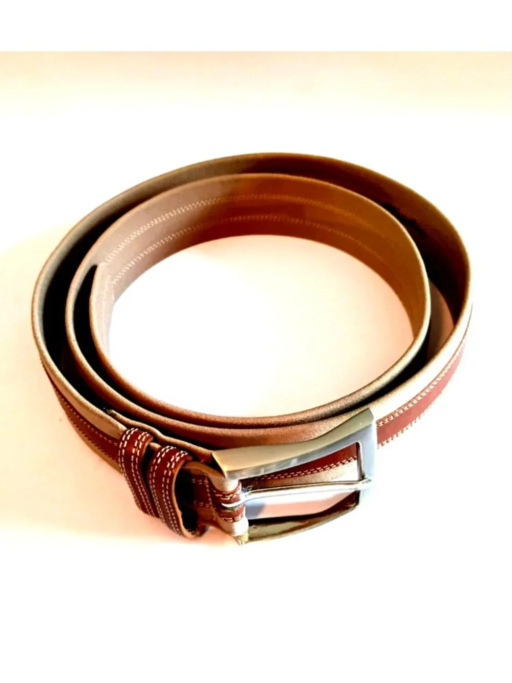 MEZLAN Men's Belt Two Tone Tan Leather Overlay on Beige Fabric Spain Casual - 38